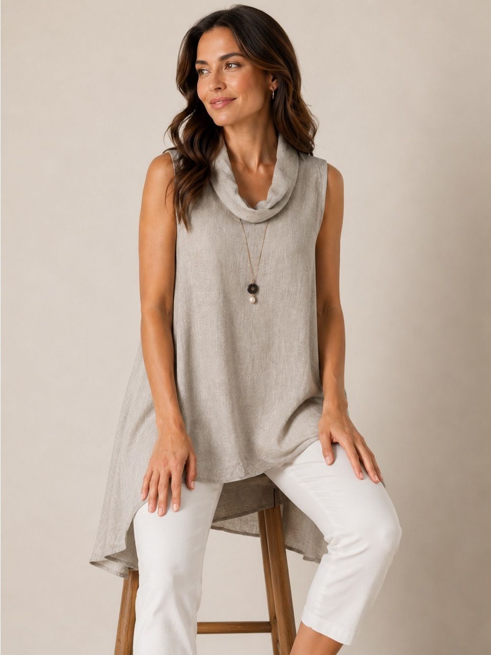 Chalet Beige Sleeveless Hi-Low Hem Cowl Neck Tunic Top Size L